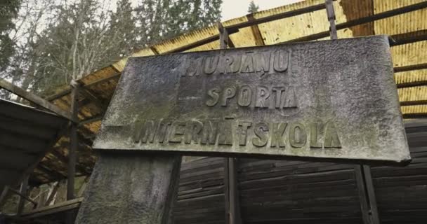 Closeup Sign Old Luge Bobsled Track — Stock video