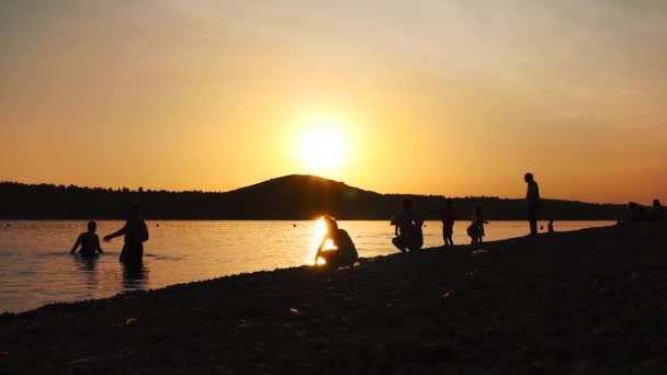 Silhouette Personnes Profitant Belle Plage Pierre Hawaï Avec Coucher Soleil — Video