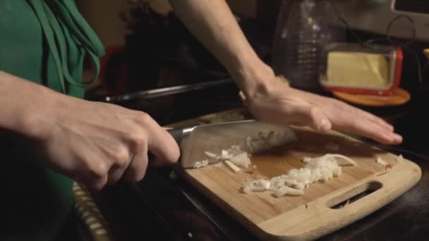 Mincing White Onions Cooking Meal Kitchen Close Shot — Stock Video