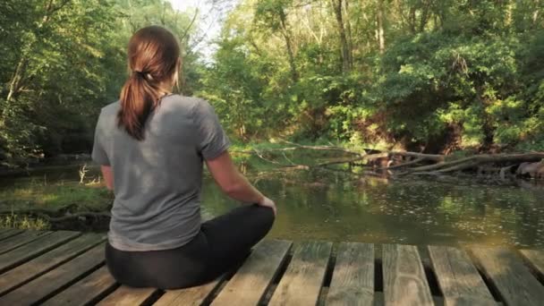 Junge Frau Sitzt Allein Wald Atmet Und Meditiert Auf Einer — Stockvideo