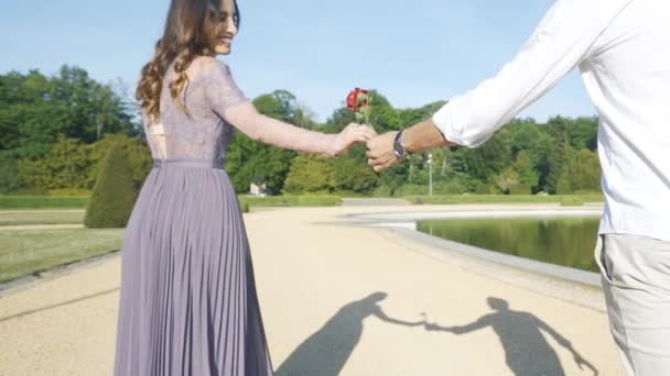 Casamento Casado Casal Correndo Bela Propriedade Rural Carregando Rosa Câmera — Vídeo de Stock