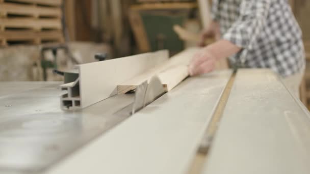 Longue Planche Bois Est Poussé Précisément Long Scie Circulaire Pour — Video