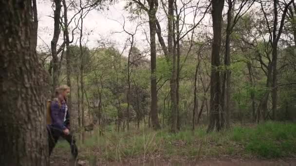 Jovem Casal Feliz Caminhadas Mãos Dadas Árvore Alinhado Trilha Natureza — Vídeo de Stock