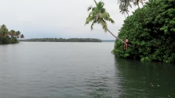 Drone Shot Year Old Indian Male Sitting Top Sloped Coconut — Video