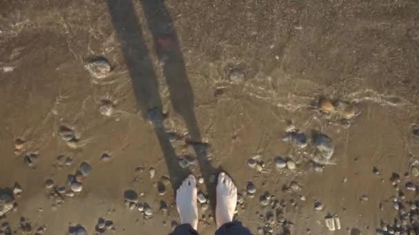 Sea Waves Splashing Woman Feet Standing Stony Shore Top Shot — стокове відео