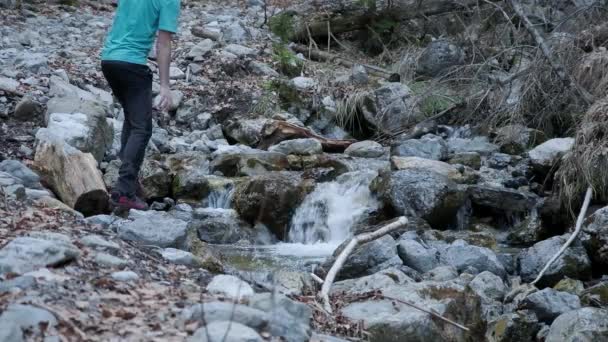 Hiker Drinking River Stream — Stock Video