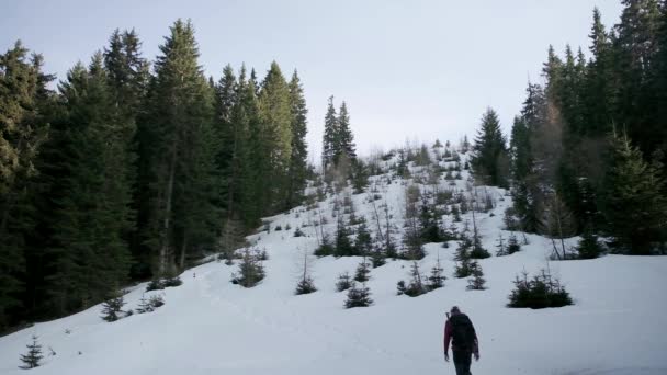 Подъем Склону Горы Глубоком Снегу Рюкзаком Ясным Небом Человек Путешествующий — стоковое видео