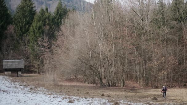 冬の森の中に自転車に乗っている男の広い角度のビューすべての木が裸の葉であるように — ストック動画