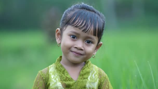 Милая Маленькая Девочка Одетая Традиционное Балийское Платье Стоит Между Рисовыми — стоковое видео