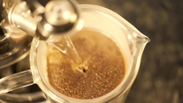 Coffee Grounds Rise Top French Press Extreme Close — Stock Video