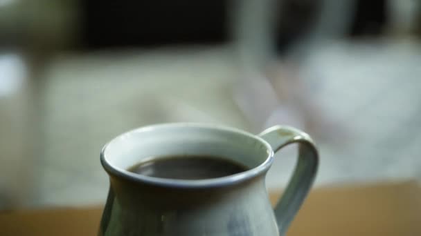 Steam Rises Coffee Cup Table Close Handheld — Stock Video