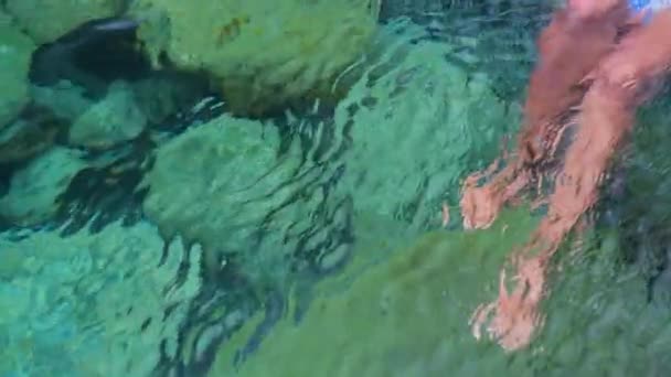 在清澈的岩石池中游泳和漂浮 — 图库视频影像