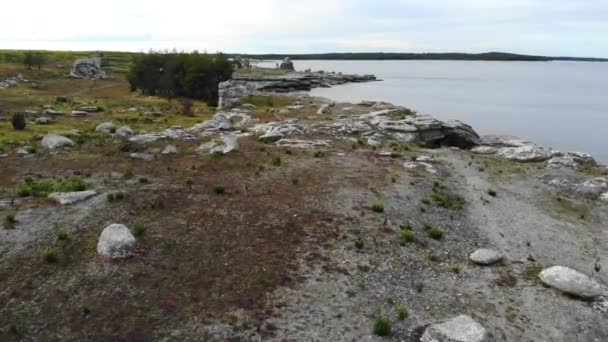 Luftaufnahme Über Felsiger Landschaft Der Küste Asunden Nature Reserve Gotland — Stockvideo