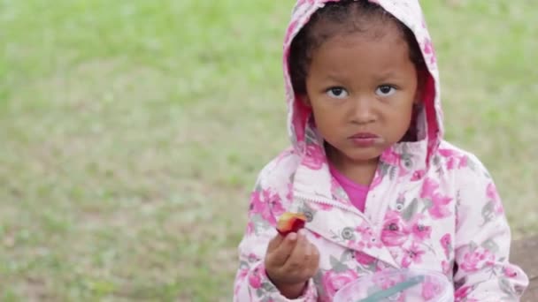 Prise Vue Main Timide Petite Fille Africaine Appréciant Savoureux Prune — Video