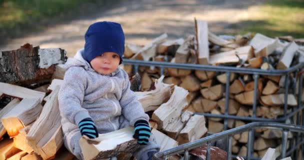 Lindo Niño Sentado Montones Leña Ambiente Rural Tradicional — Vídeos de Stock