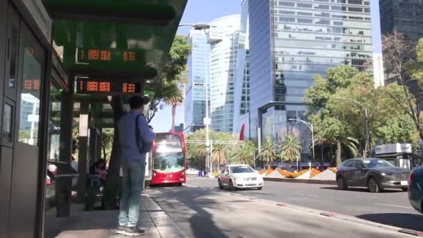 メキシコ パセオ レフォルマ アベニュー駅に到着する赤い旅客バス — ストック動画