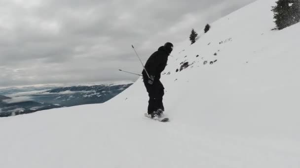 Teenageři Lyžování Horách Koryto Prášek Sníh Dělá Freestyle Triky Lese — Stock video