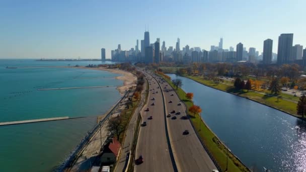 Chiago Centrum Achtergrond Luchtfoto Boven Snelweg Het Noorden Van Chicago — Stockvideo