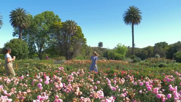 Girl Waves Her Friend Walking Closer Her Rose Garden Meisje — Stockvideo