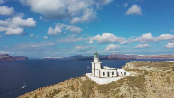 Aerial Drone Orbit Flying Beautiful Lighthouse Santorini Greece Blue Sky — Stock Video