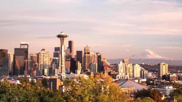 Denní Čas Západu Slunce Seattlu Space Needle Downtown Skyline Rainier — Stock video