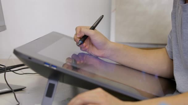 Closeup Young Person Drawing Using Stylus Pen Graphics Tablet — Stock Video
