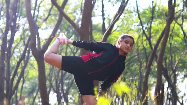 Sporty Woman Sportswear Practicing Yoga Nature Female Happiness Beautiful Young — Stock Video