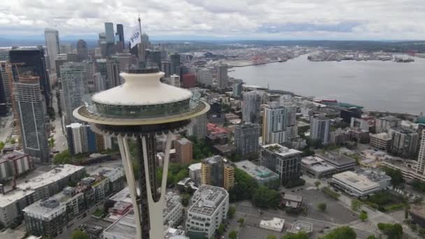 Aerial Footage Space Needle Tower Seattle Washington — Stock Video