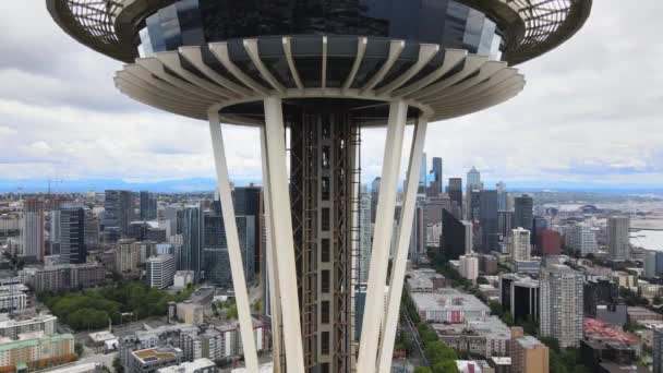 Rækker Til Toppen Space Needle Tower Seattle Panoramaudsigt Byen – Stock-video