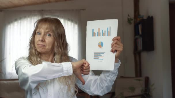 Mujer Rubia Mostrando Facturas Decepcionantes Resultado Sala Estar Argentina — Vídeo de stock