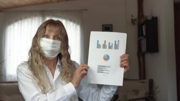 一个带着口罩的金发女人在家里工作的时候 手里拿着白纸上的图表解释静坐的原因 定格特写镜头 — 图库视频影像