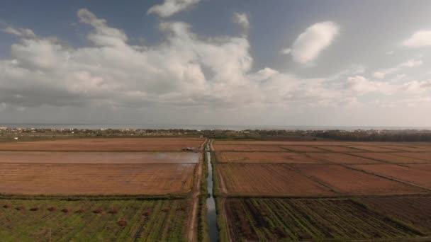 Aerial Shot Treelined Fields Sunset Denia Alicante Spain Blue Sky — Vídeo de stock