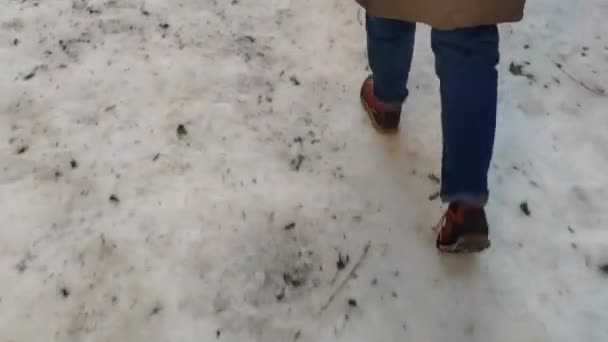 Gezicht Benen Van Een Vrouw Een Spijkerbroek Wandelschoenen Die Sneeuw — Stockvideo