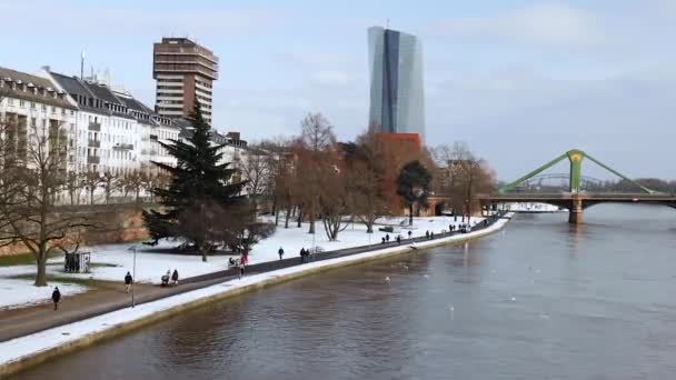 People Walking Riverbank Main European Central Bank Ecb Ignatz Bubis — Vídeo de stock