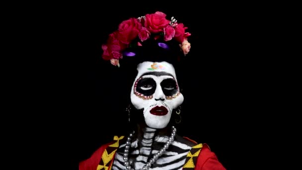 Frida Kahlo Makeup Day Dead Model Witch Skull Makeup — Stock Video