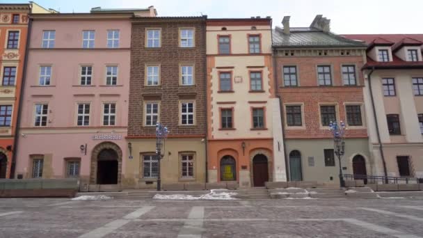 Gruppo Edifici Maly Rynek Square Nella Città Vecchia Cracovia Polonia — Video Stock