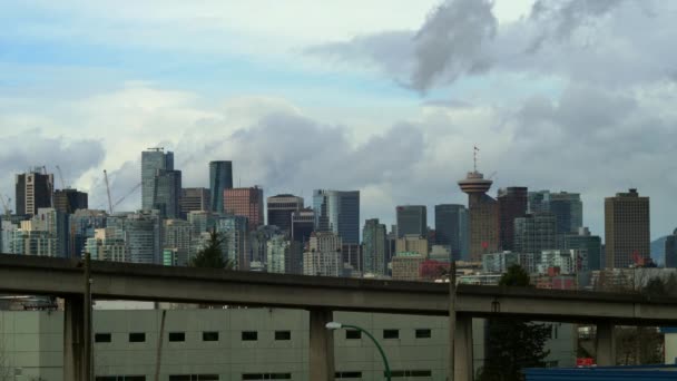 Cinematic Wide Shot Passing Public Train Bridge Skyline Vancouver Metropolis — Stock Video