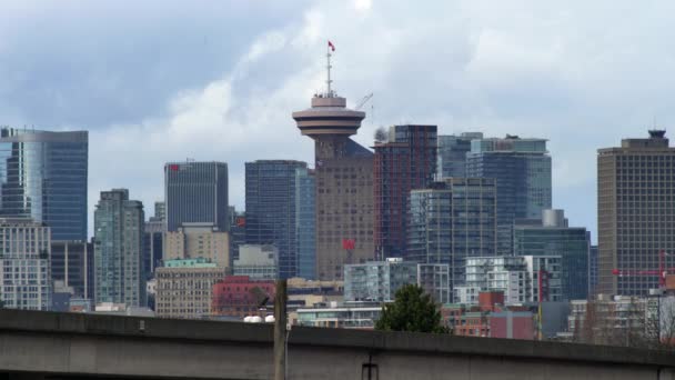 Modern Towers Famous Buildings Vancouver Skyline Rapid Train Passing British — Stock video