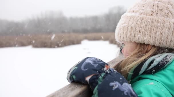 小女孩俯瞰着自然木板 超级滑雪板 — 图库视频影像