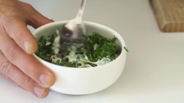 Mescolando Erbe Yogurt Insieme Vestirsi Pasto — Video Stock