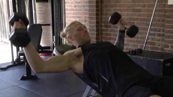 家乡体育馆里的肌肉男正在锻炼倾斜的哑铃式胸腔飞行 — 图库视频影像