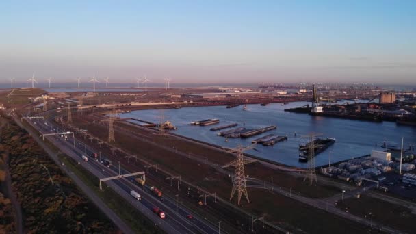 Seaport Maasvlah Windmills Foundation Netherlands Aerial — стоковое видео