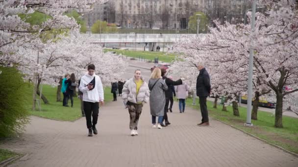 Fidanzato Prende Sua Ragazza Foto Fronte Vilnius Sakura Park Vilnius — Video Stock