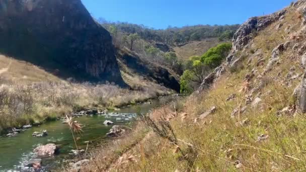 Río Que Fluye Hacia Una Curva Con Hierba Seca Sus — Vídeo de stock