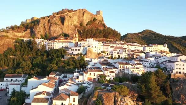 Aerial Schöner Sonnenaufgang Zahara Sierra Cadiz Spanien Weitwinkel — Stockvideo