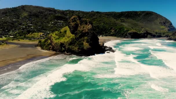 Μαύρη Άμμος Παραλία Πία Δυτικά Του Ώκλαντ Νέα Ζηλανδία Εναέρια — Αρχείο Βίντεο