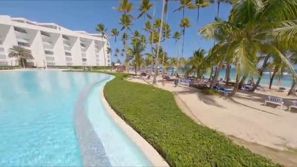 Fpv Drone Piscina Marbella Com Cadeiras Salão Praia Sob Palmeiras — Vídeo de Stock