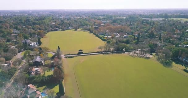 Aerial Όμορφα Πράσινα Πεδία Ένα Μπαστούνι Του Γκολφ Ευρύ Πλάνο — Αρχείο Βίντεο