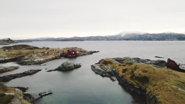 Air View Red Boathouse Edge Island Atlantic Ocean Norway — стоковое видео