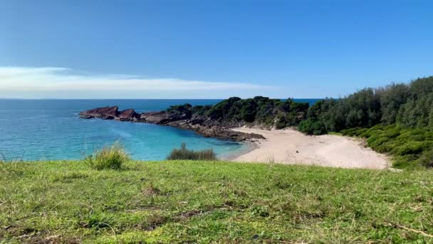 Trawiasty Widok Błękitną Zatokę Oceanu Białą Piaszczystą Plażą Australii — Wideo stockowe